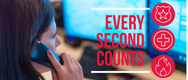 Monitoring center woman / operator talking on the phone in front of computer screens, with the words every second counts on the left of the image and police, red cross, and fire icons on the right.