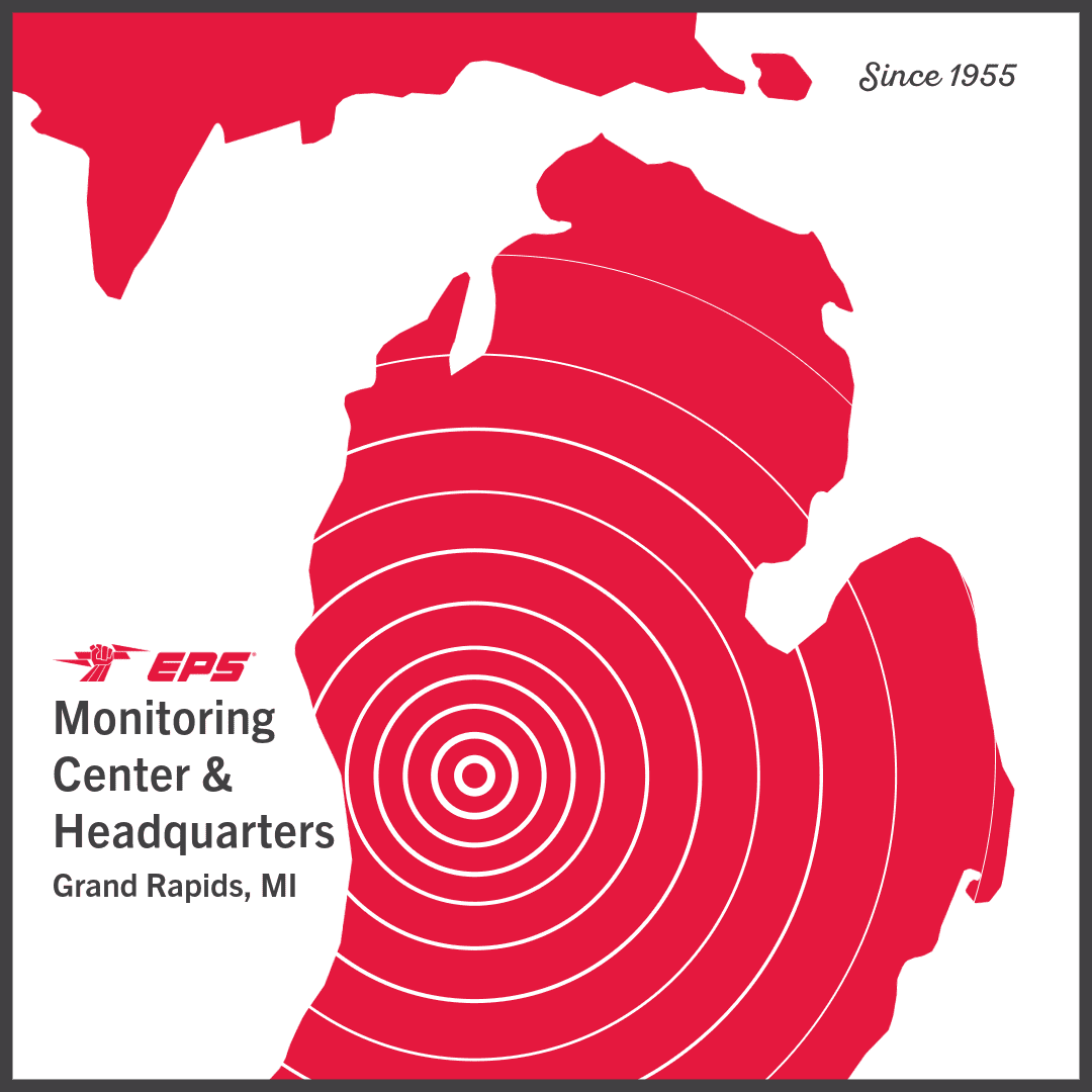 Map of Michigan, and lines radiating on top of Grand Rapids Michigan from the EPS Security Monitoring Center.