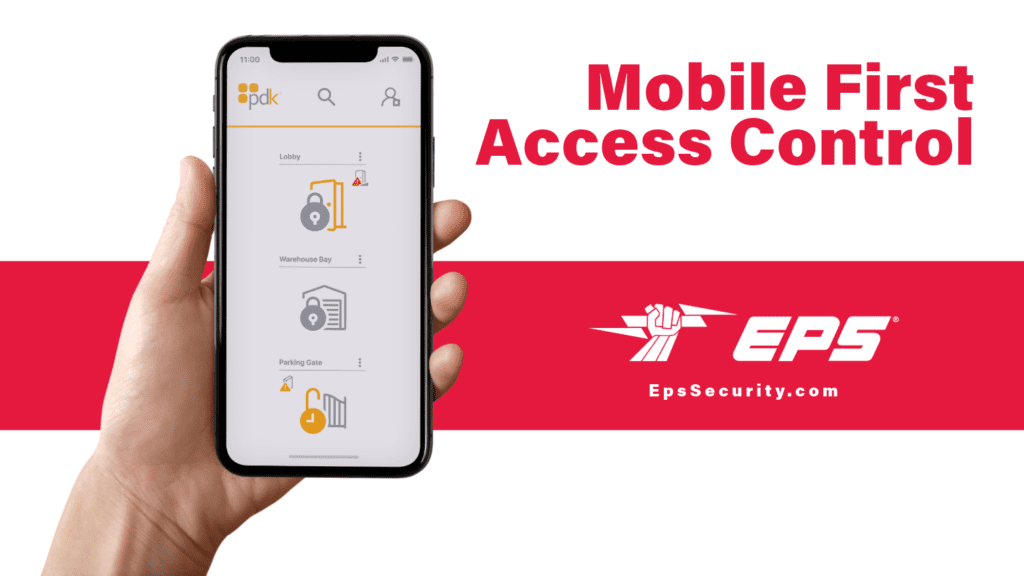 Image of a hand holding a phone open to the ProdataKey access control app open (on the left of the image). On the right side of the image is text in red reading mobile first access control, and below that is the EPS Security logo and website.